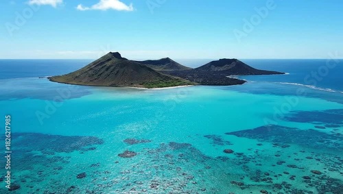 Stunning Aerial View of Mokulua Islands and Turquoise Ocean in Hawaii.