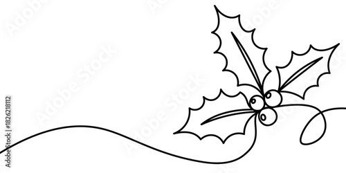 Continuous hand drawn line of festive holly leaves and berries, isolated on a transparent background. Abstract line art. Editable stroke. Best for winter, New Year or Christmas designs. PNG and Vector