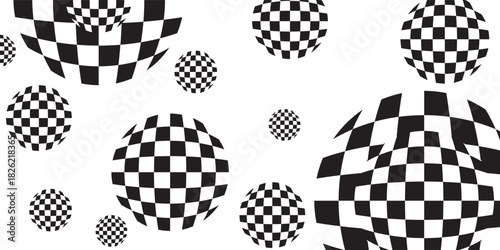 Chess wavy board optical visual illusion, checkerboard banner template. Black and white checkers squares, vector abstract background.