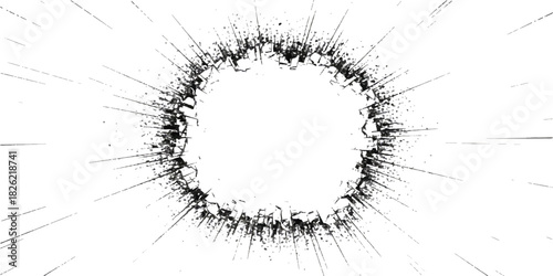 Circular shattered glass effect with radial cracks on a white background