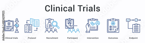 Clinical trials banner web icon demonstrates protocol-driven recruitment and intervention tracking outcomes to endpoint goals.