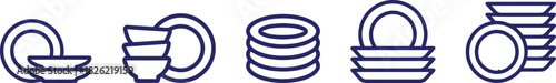 dishware, plates, bowls, stacking, kitchenware, tableware, crockery, ceramic, porcelain, dinnerware, clean, organized, set, collection, icon, symbol, graphic, design, isolated, white background, navy 