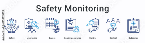 Safety monitoring banner web icon tracks events and quality assurance through control mechanisms measuring outcomes carefully.