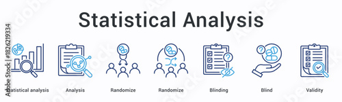 Statistical analysis banner web icon employs randomization and blinding techniques ensuring validity throughout analytical process.