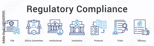Regulatory compliance banner web icon ensures fda and ethics committee institutional protocol adherence measuring trials efficacy.