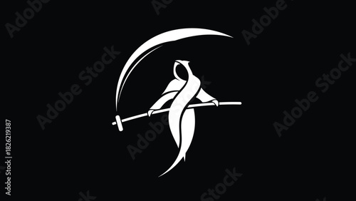 Grim reaper silhouette emblem, death scythe illustration, dark hooded figure icon, gothic fantasy artwork, spooky reaper logo, eerie monochrome design