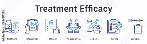 Treatment efficacy banner web icon evaluates intervention effectiveness against placebo effect through medicine testing to endpoint.
