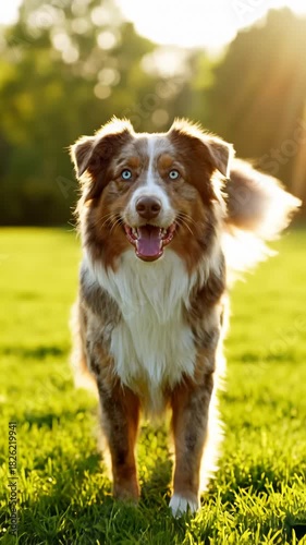 Happy Australian Shepherd Dog Standing on Green Grass Outdoors
