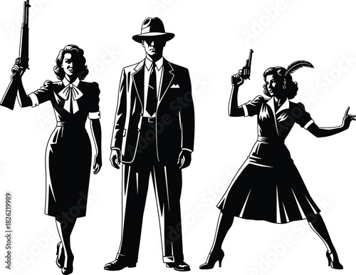Vintage gangster trio silhouette, retro crime scene characters, 1940s mobster style artwork, classic noir figures with weapons, dramatic crime illustration