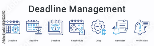 Deadline management banner web icon tracks multiple deadlines with rescheduling options addressing delays through reminders and notifications.