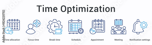 Time optimization banner web icon allocates focus time with break periods through schedules appointments and meeting notification settings.