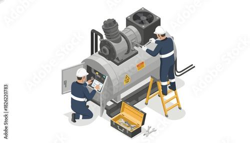 Two industrial workers servicing a large machine with a toolbox in a neutral background.