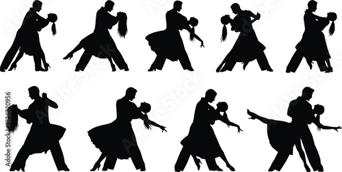Couple dance silhouette set, ballroom dancing poses, elegant romantic dancers, tango vector artwork, graceful movement collection, professional dance illustration