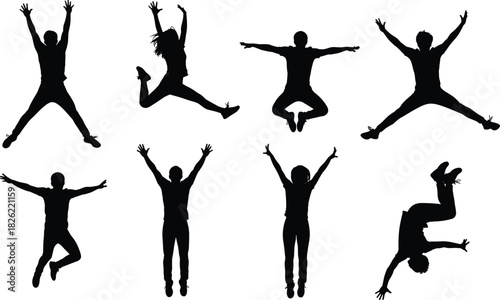 Jumping people silhouettes, energetic human poses, active fitness movement, joyful jump figures, dynamic action set, sport activity illustration, celebration vector artwork