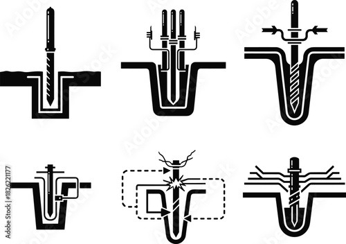 Thermowell installation types, sensor configurations, pressure systems, failure modes, industrial monitoring setups – flat vector