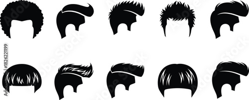 Male hair silhouette collection, modern hairstyle icons, trendy haircut designs, barbershop vector set, stylish grooming elements, fashionable men’s hair graphics