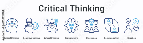 Critical thinking banner web icon develops cognitive and lateral thinking through brainstorming discussions and communication reactions.