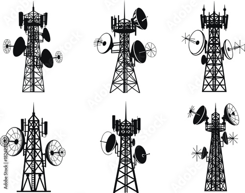 Telecommunications tower silhouette, antenna and dish array, signal broadcast structure, wireless network infrastructure, flat vector
