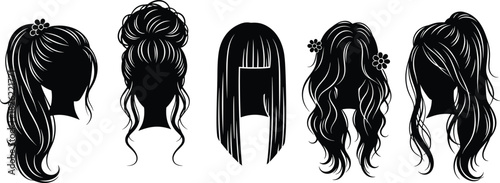 Women hairstyle silhouettes, long and short hair designs, elegant female hair illustration set, fashionable haircut collection, beauty salon graphic elements
