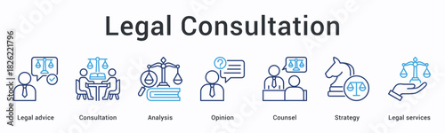 Legal consultation banner web icon provides advice through analysis and counsel opinion for strategic legal services.