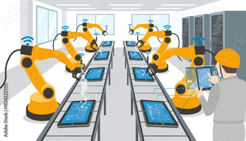 An industrial worker monitors robotic arms assembling tablets on a production line in a modern factory with a technological and efficient mood.