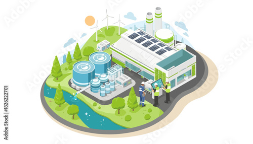 Isometric illustration of a sustainable industrial facility with solar panels and wind turbines on a green landscape