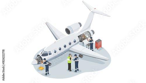 Isometric illustration of airport ground crew servicing an airplane on a tarmac with a white background.