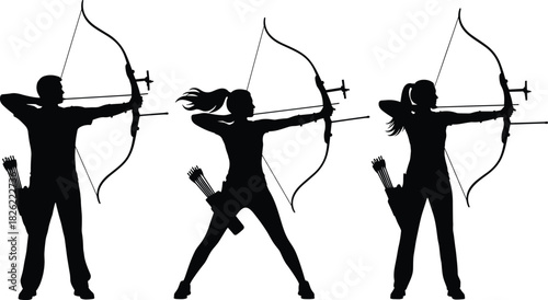 Archery athlete silhouettes, bow and arrow poses, professional archer illustration set, target shooting concept, sports training graphic collection, precision skill artwork
