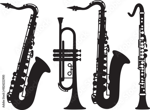 Musical Instruments Group Saxophone Trumpet and Clarinet Silhouette Illustration