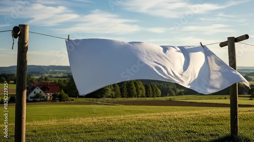 White Laundry Drying on a Clothesline in a Scenic Rural Landscape with Green Fields and Blue Sky.