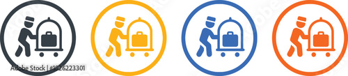 bellhop, hotel, luggage, cart, icon, symbol, service, porter, travel, transportation, man, person, uniform, graphic, design, illustration, isolated, white background, dark gray, yellow, blue, orange, 