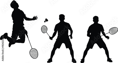 Badminton player silhouettes, athletes hitting shuttlecock, sports action poses, competitive badminton illustration, dynamic movement concept