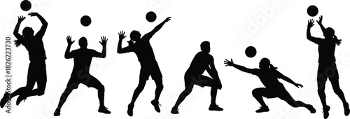 Volleyball player silhouettes, athletes hitting and digging ball, sports action poses, competitive volleyball illustration, dynamic movement concept for training scenes