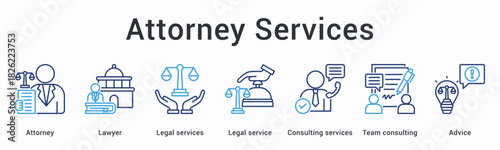 Attorney services banner web icon delivers legal assistance through consulting with team collaboration providing professional advice.