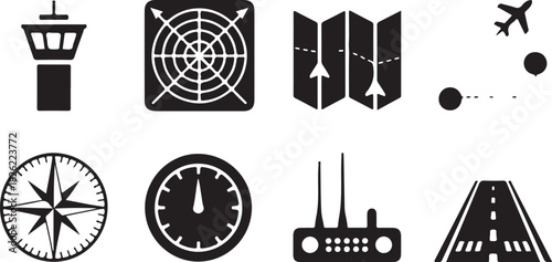 Navigation and Air Travel Icons Representing Travel Concepts and Technologies