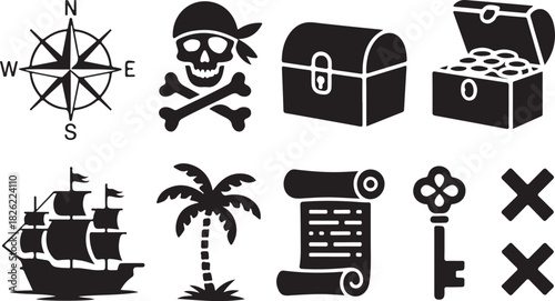 Pirate themed icon set in black and white illustration