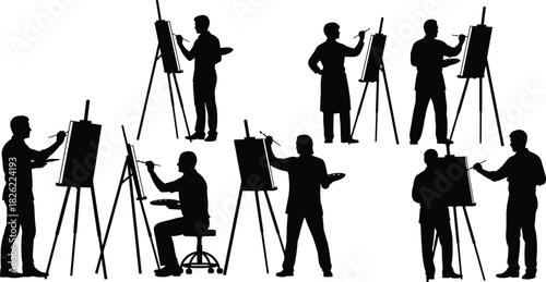 Artist painting silhouettes, painters working at easels, creative art illustration, people drawing on canvas, studio painting scene, artistic workspace concept