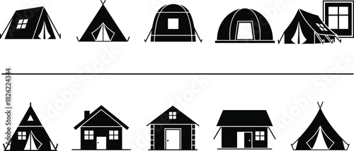 Camping tent icons, house symbols collection, outdoor shelter illustration, home architecture silhouettes, various tent designs, cabin and cottage graphic set