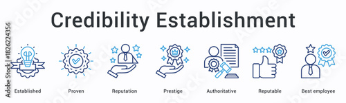 Credibility establishment banner web icon showcases proven reputation with prestige through authoritative excellence standards.