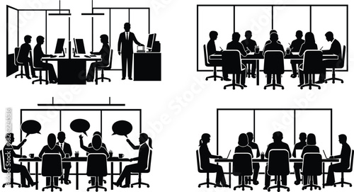 Business office scenes, teamwork collaboration silhouettes, corporate workspace illustration, employees working and meeting, professional discussion groups, modern workplace environment concept