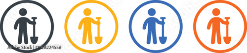 worker, construction, labor, digging, shovel, person, icon, set, collection, graphic, design, vector, symbol, circular, dark grey, yellow, blue, orange, white background, isolated, industry, manual, j