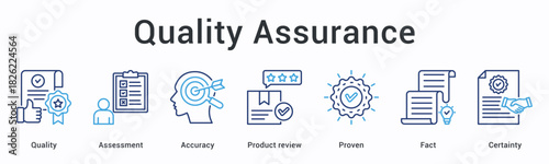 Quality assurance banner web icon evaluates accuracy through product reviews with proven facts ensuring certainty standards.