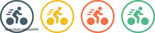 cycling, bicycle, bike, rider, cyclist, motion, speed, delivery, icon, symbol, graphic, design, vector, circular, blue, yellow, orange, green, transportation, sport, recreation, active, movement, jour