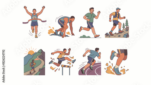 Athletes in action set. Modern flat dribbble-style vector illustrations of sprinting, hurdles, trail running, and jogging men. Diverse sports collection for fitness app and marathon design.