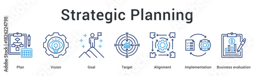 Strategic planning banner web icon outlines vision and goals with target alignment for implementation success.