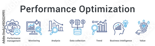 Performance optimization banner web icon tracks monitoring and analysis through data collection revealing trends and intelligence.