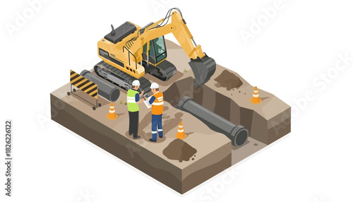 Isometric illustration of two construction workers standing near an excavator and pipes on a dig site with orange cones and a white background.
