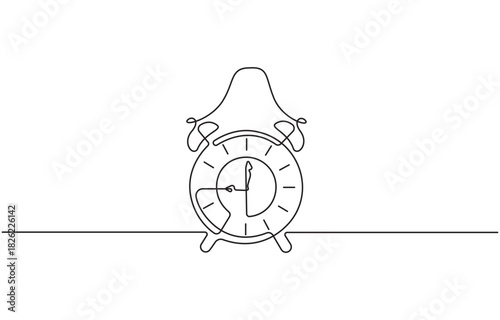 Continuous one line drawing of vintage alarm clock vector design, Clock drawn symbol, Single line art continuous icon, Hand drawn vector illustration.