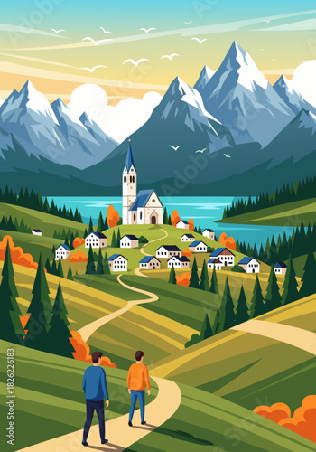 Vibrant Vector Illustration of a Picturesque Alpine Village Nestled by a Serene Lake, Framed by Majestic Mountains and Autumn Foliage, with Two Travelers on a Winding Path