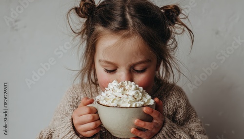 Cute Young Girl with Brown Hair in Space Buns Drinking Hot Chocolate with Whipped Cream